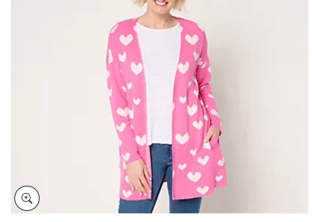 $80 Driftwood Jeans Heart Intarsia Cardigan - Pink Heart
Size Medium oversized